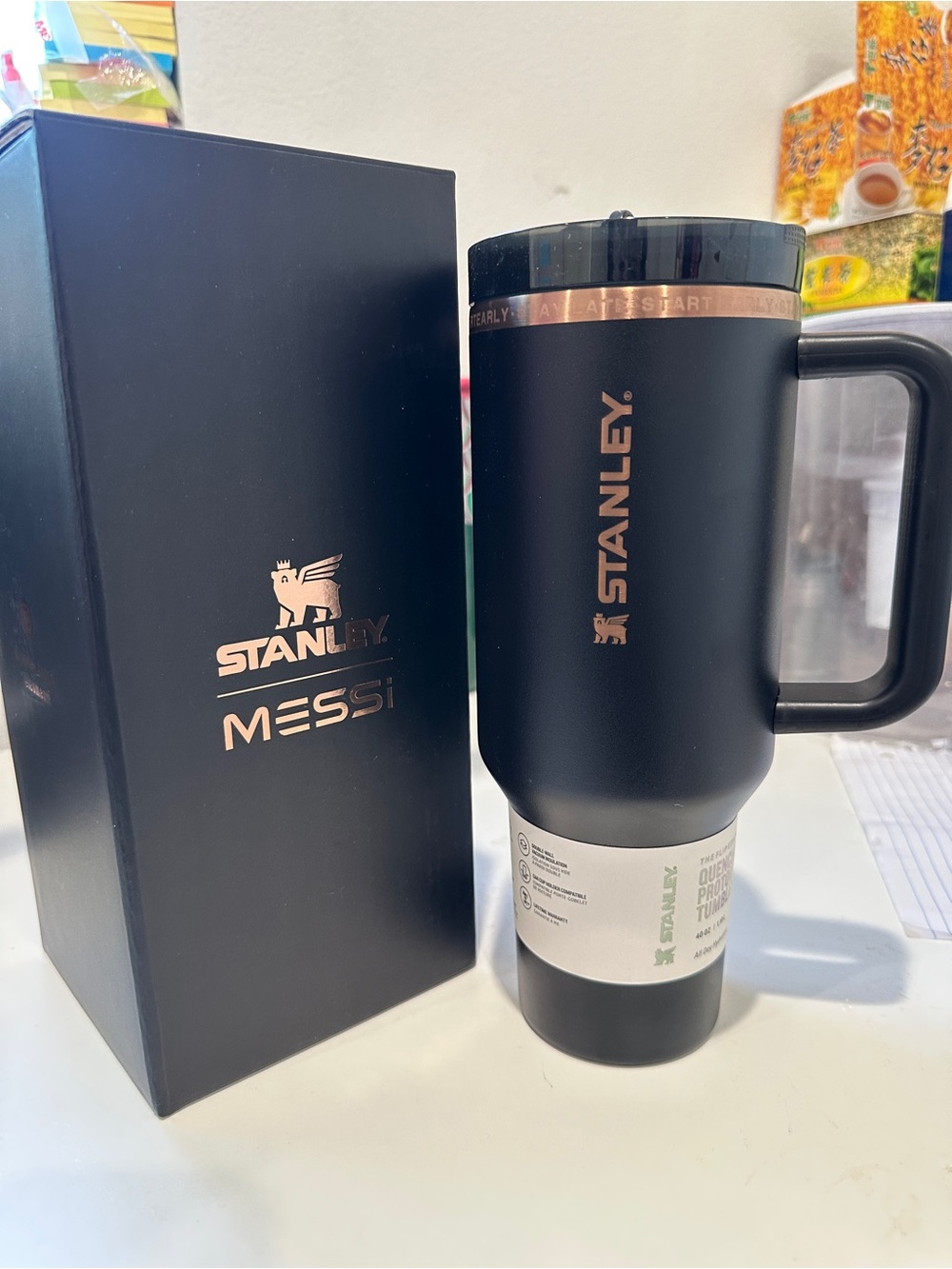 Stanley Black Travel Tumbler 40oz Messi Goat with Rose Gold Logo and Trim